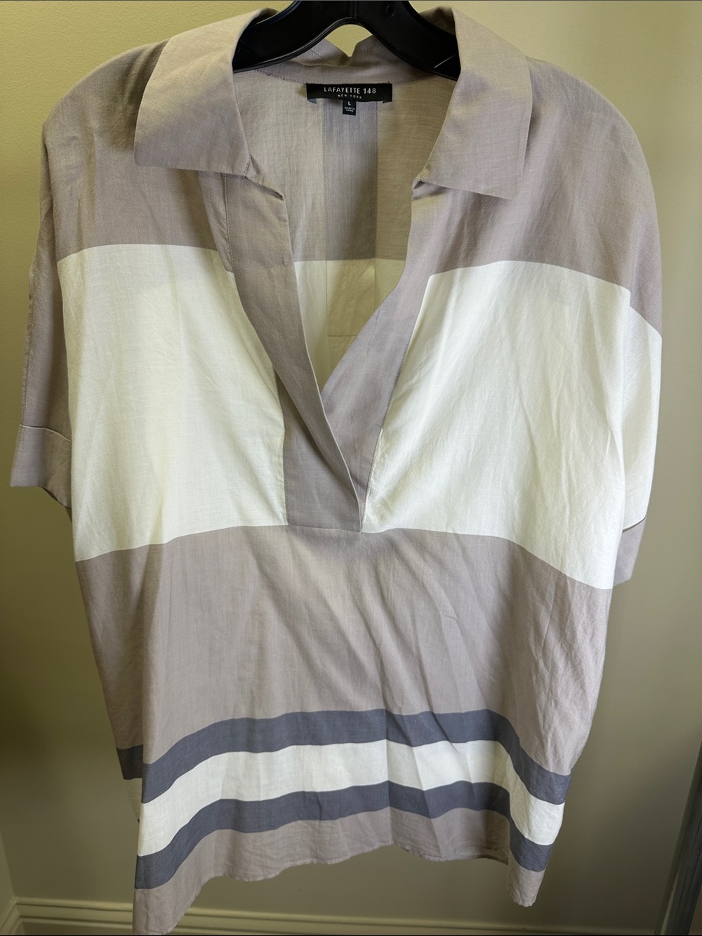 Lafayette 148 New York Taupe & White Striped V-Neck Tunic
